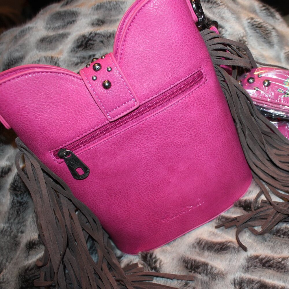 Montana West Western Hot Pink Handbag Silver Belt Buckle Hippie Fringe Purse - Picture 4 of 12